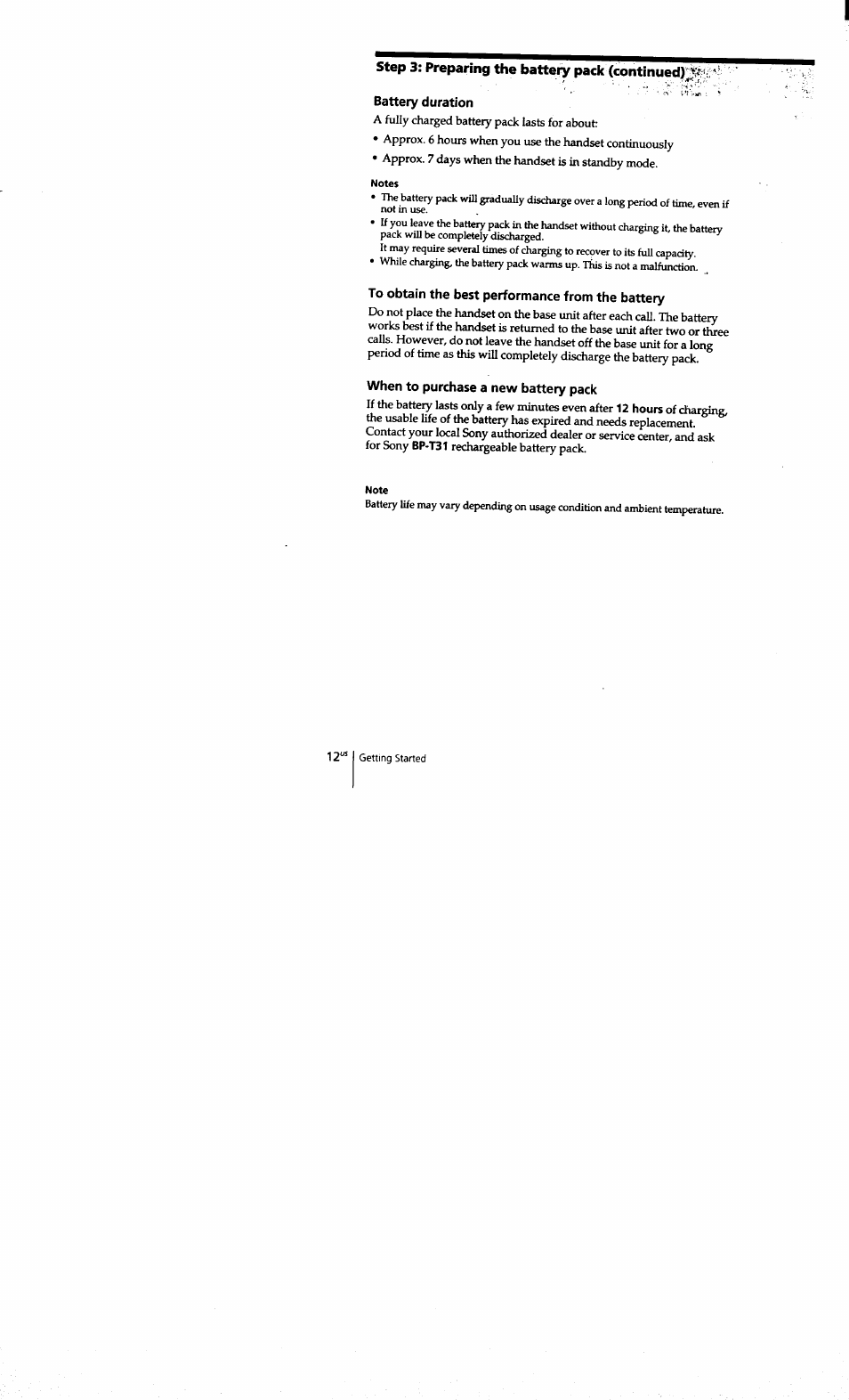 Notes, To obtain the best performance from the battery, When to purchase a new battery pack | Note, Step 3: preparing the battery pack (continued) | Sony SPP-S9101 User Manual | Page 12 / 94