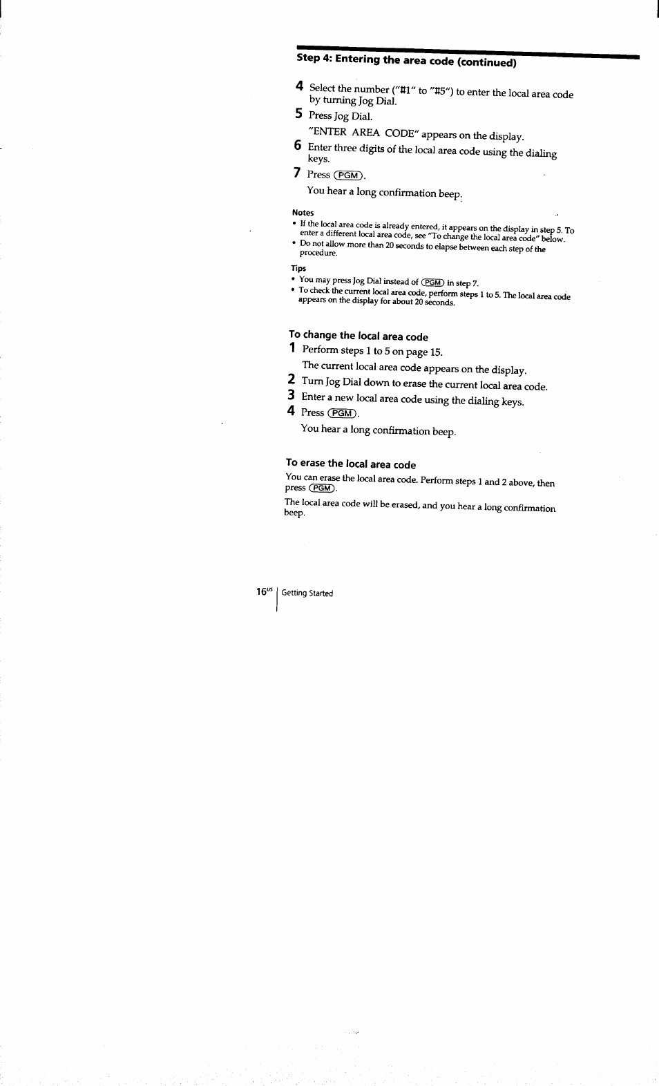 To change the local area code, To erase the local area code | Sony SPP-S9101 User Manual | Page 16 / 94