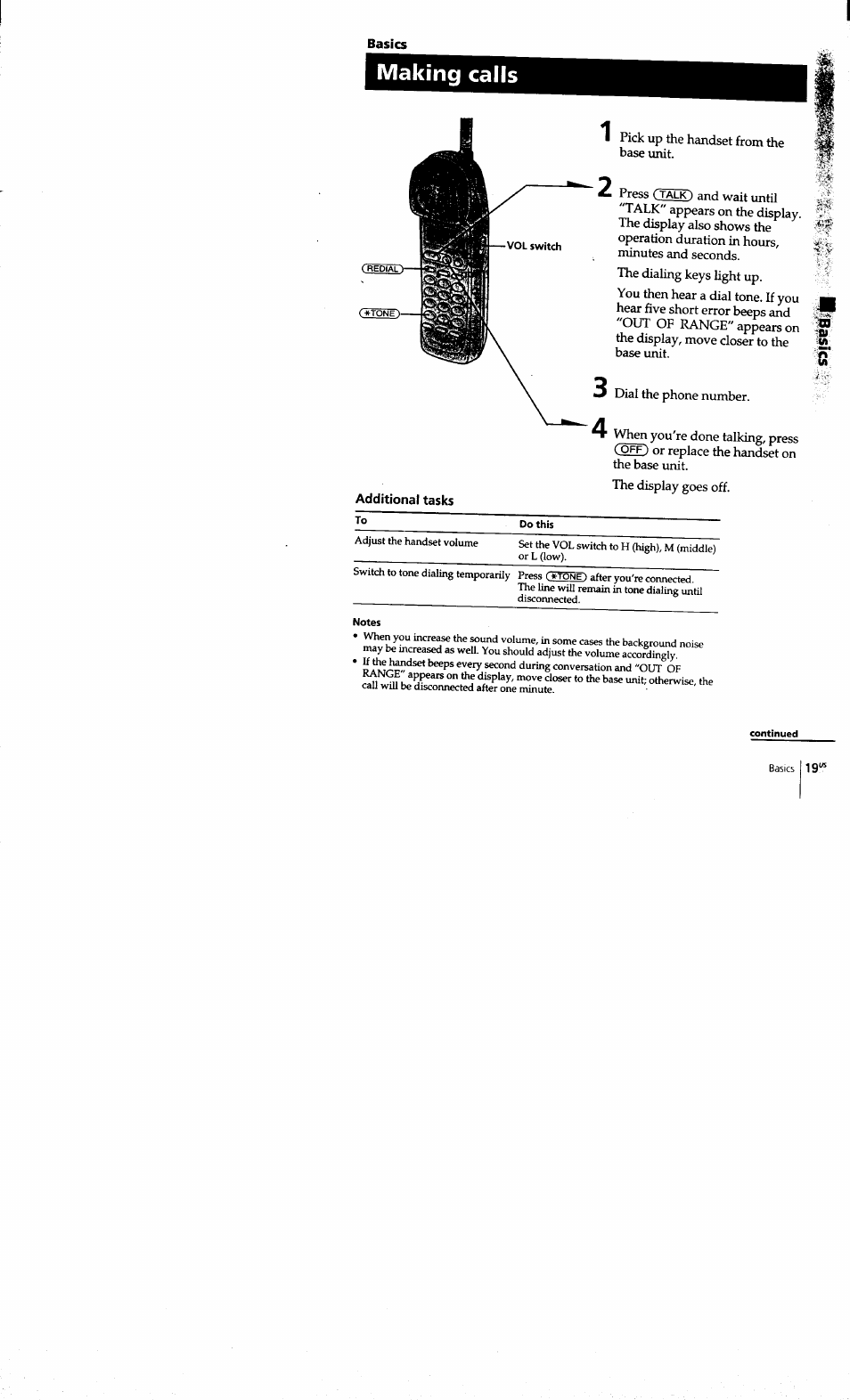 Basics, Making calls, Additional tasks | Sony SPP-S9101 User Manual | Page 19 / 94