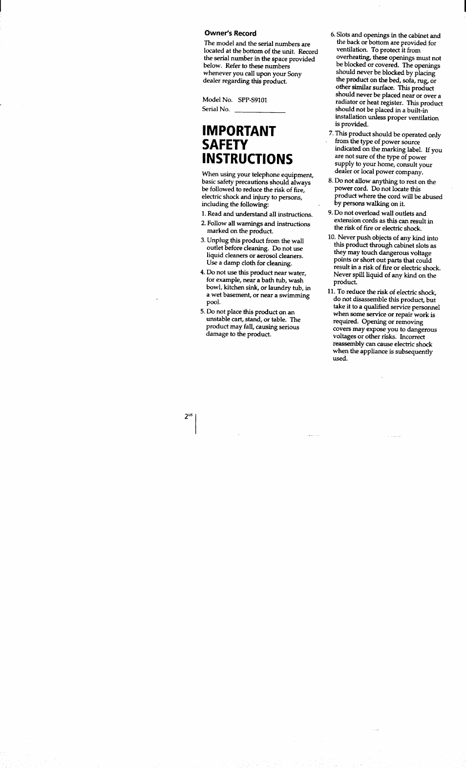 Owner's record, Important safety instructions | Sony SPP-S9101 User Manual | Page 2 / 94