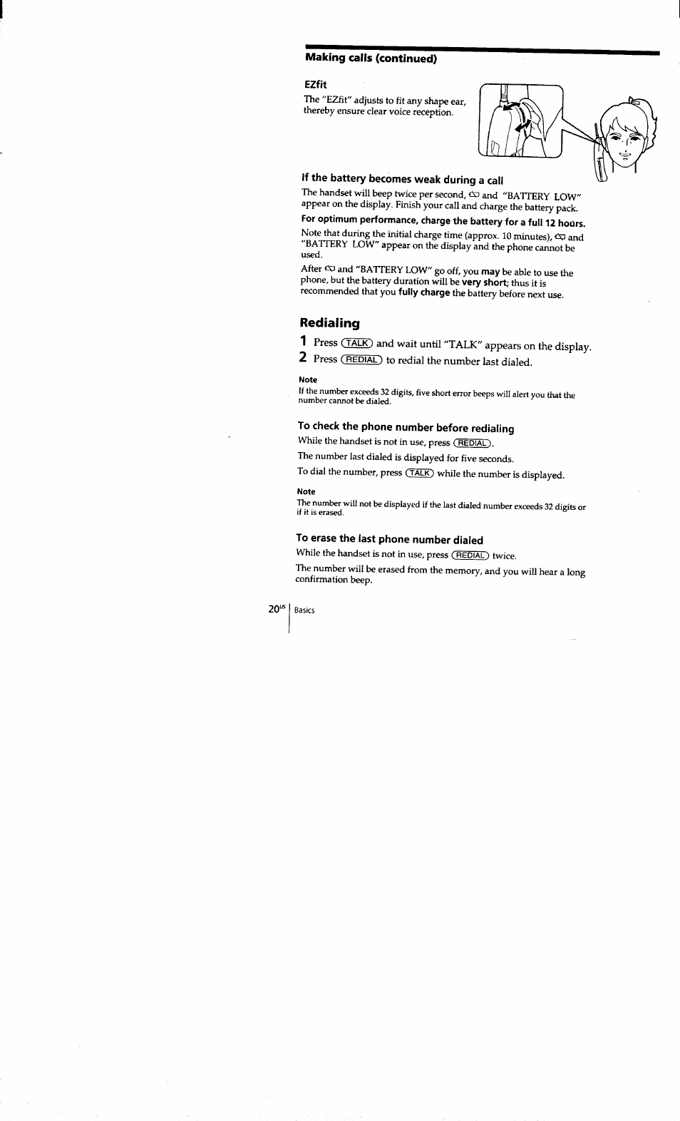 Making calls (continued), Ezfit, If the battery becomes weak during a call | Redialing, To check the phone number before redialing, To erase the last phone number dialed | Sony SPP-S9101 User Manual | Page 20 / 94
