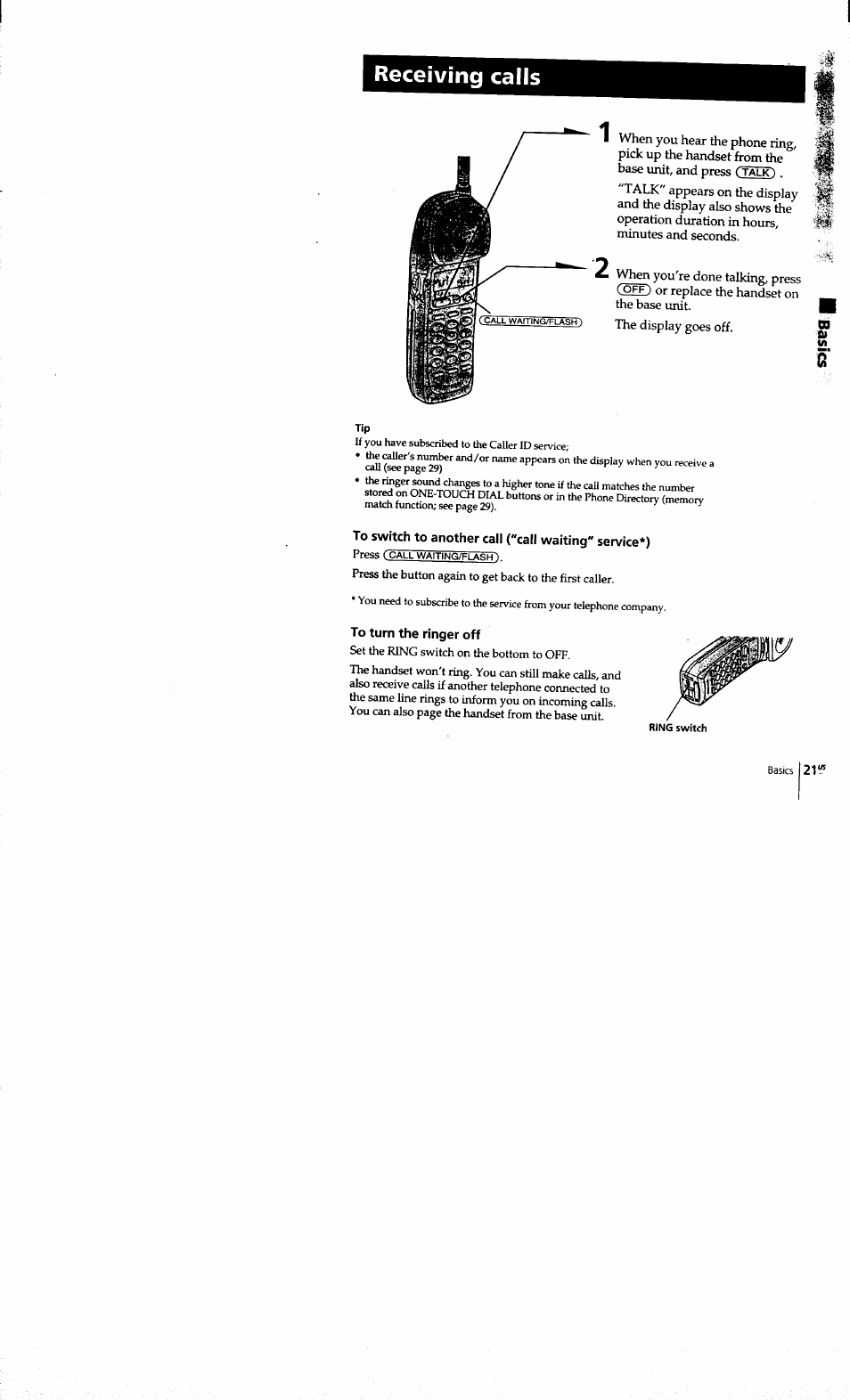 Receiving calls, To turn the ringer off | Sony SPP-S9101 User Manual | Page 21 / 94