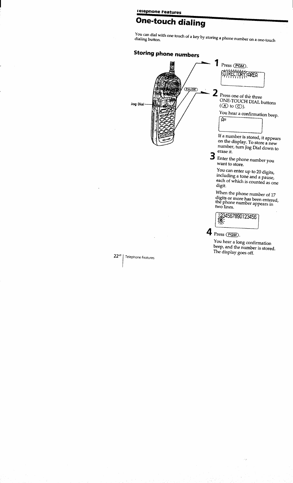 Leiepnone features, One-touch dialing, Storing phone numbers | Bispèt | Sony SPP-S9101 User Manual | Page 22 / 94