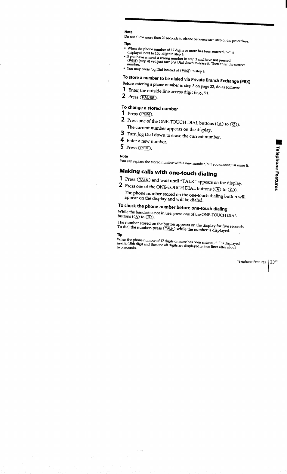 To change a stored number, Making calls with one-touch dialing, To check the phone number before one-touch dialing | Pause), Pgm). 2, Pgm~) | Sony SPP-S9101 User Manual | Page 23 / 94