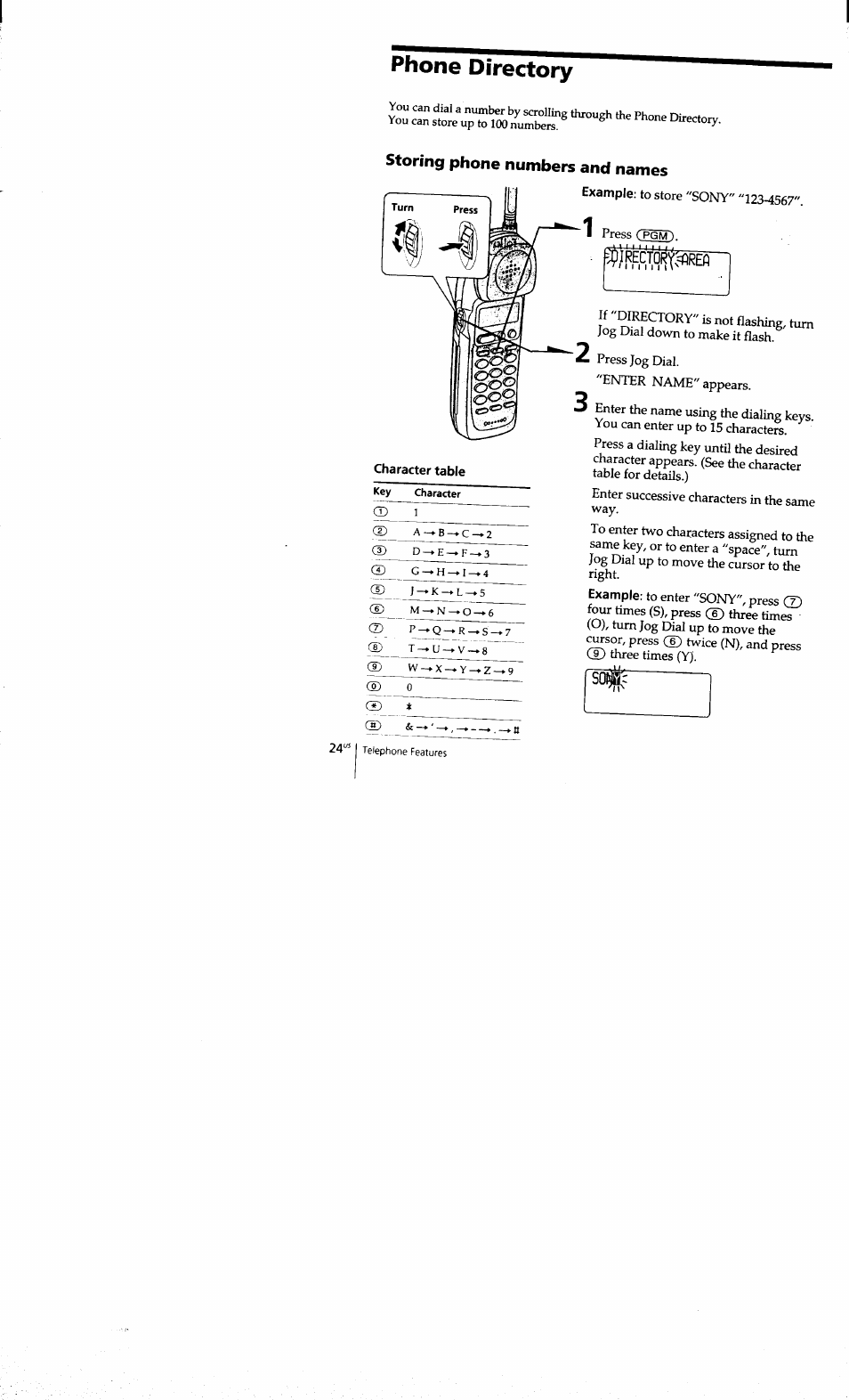 Phone directory, Storing phone numbers and names, Hie) | Fbspm | Sony SPP-S9101 User Manual | Page 24 / 94