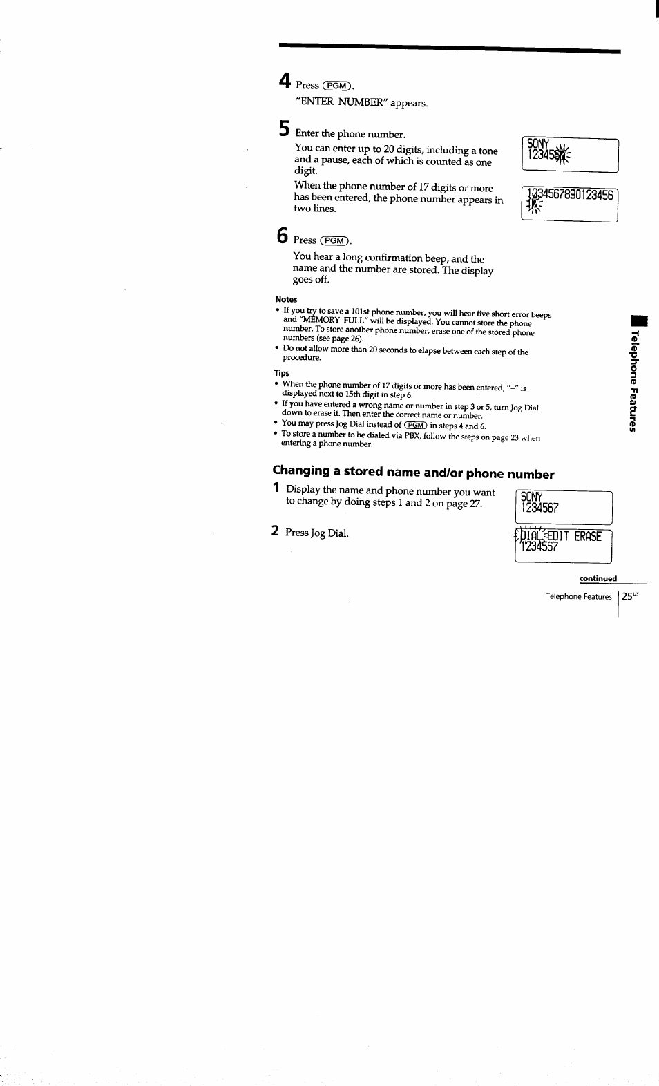 Sony ,, 1234, Notes, Tips | Changing a stored name and/or phone number, Sony, Dit erase | Sony SPP-S9101 User Manual | Page 25 / 94