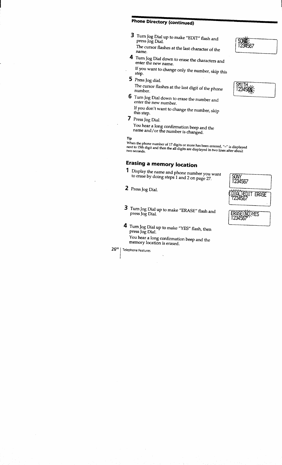 Phone directory (continued), Erasing a memory location | Sony SPP-S9101 User Manual | Page 26 / 94