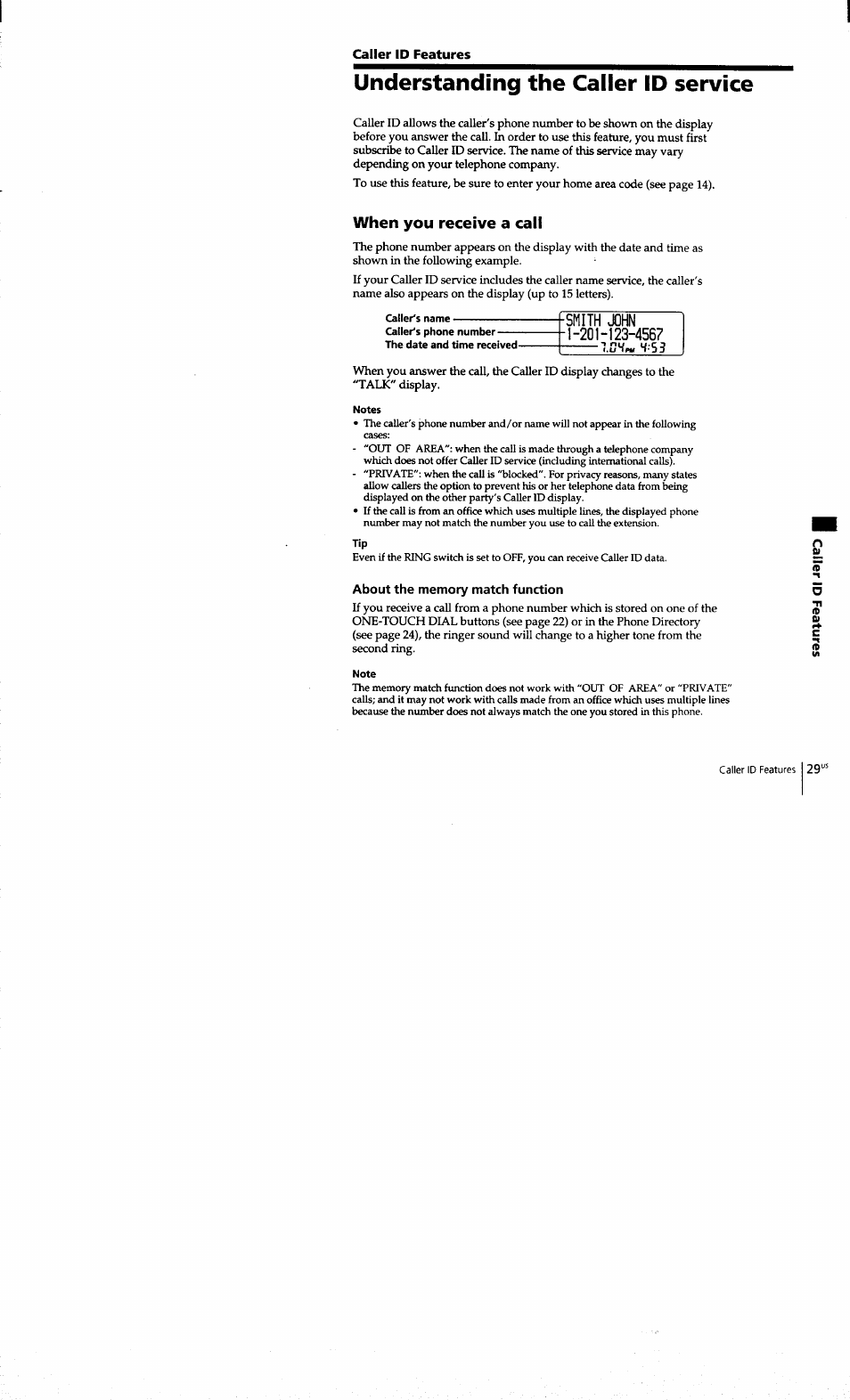 Caller id features, Understanding the caller id service, When you receive a call | Caller's name, Notes, About the memory match function, Note | Sony SPP-S9101 User Manual | Page 29 / 94