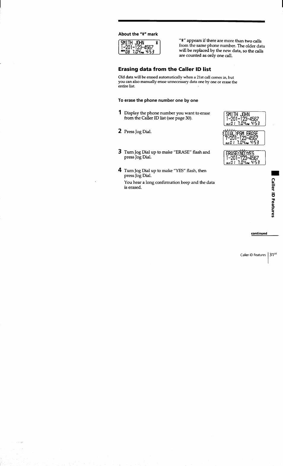 About the mark, Smith john * 1-201-123-4567 “*08 iflv« *{'53, Erasing data from the caller id list | To erase the phone number one by one, Smith john 1-20 h 23-4567, Erpse ir-'20l-123-4567 | Sony SPP-S9101 User Manual | Page 31 / 94