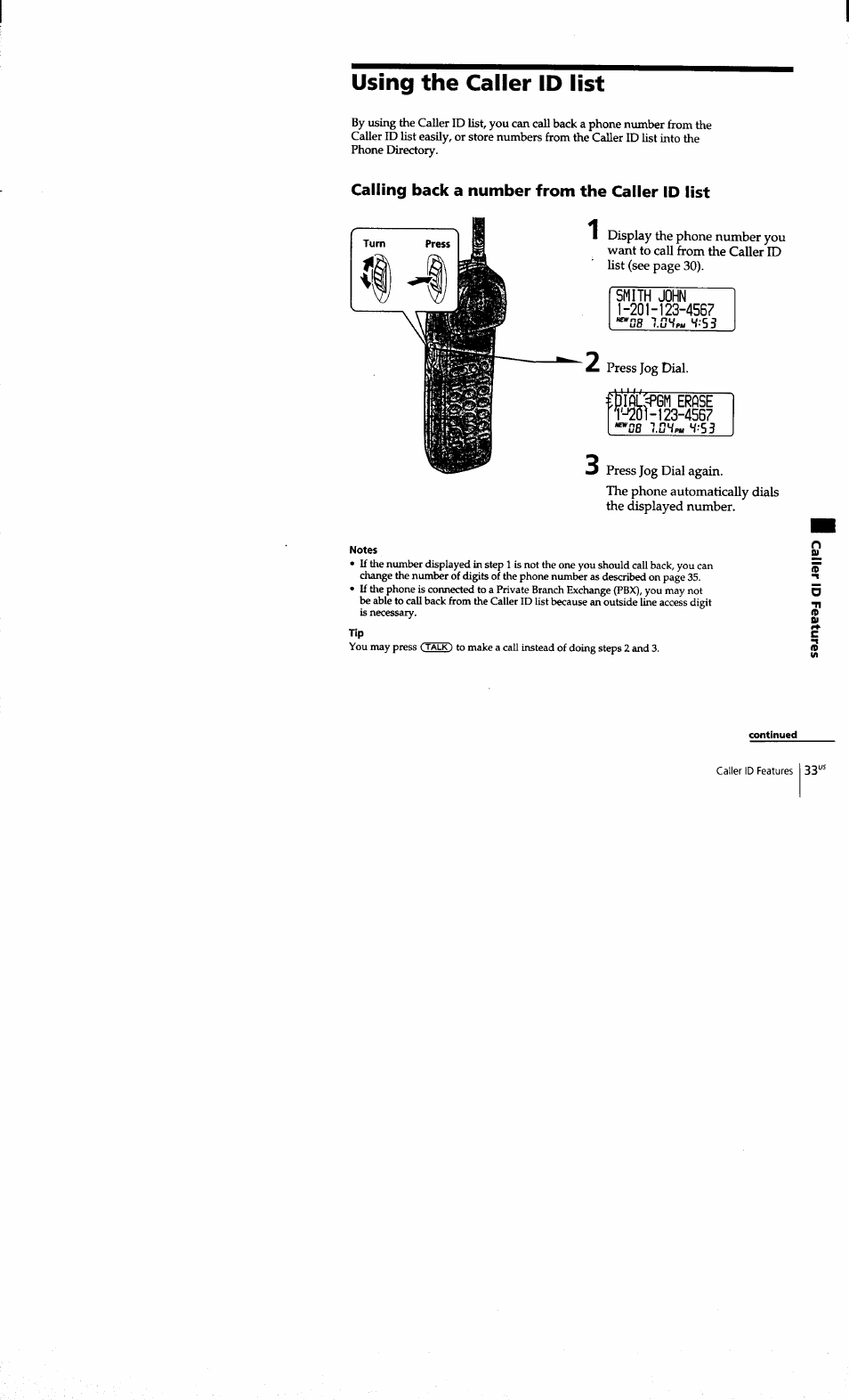 Using the caller id list, Calling back a number from the caller id list, Smith john -201-123-4567 | Igwp« w, Bl(ic:=pgm erase ™-l 23-4567 *"08 j.dw™ w-sj | Sony SPP-S9101 User Manual | Page 33 / 94