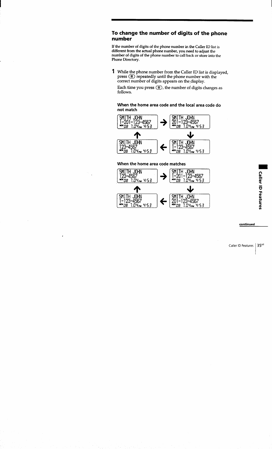 To change the number of digits of the phone number, When the home area code matches | Sony SPP-S9101 User Manual | Page 35 / 94