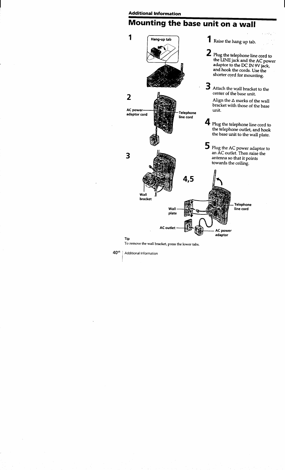 Additional information, Mounting the base unit on a wall | Sony SPP-S9101 User Manual | Page 40 / 94