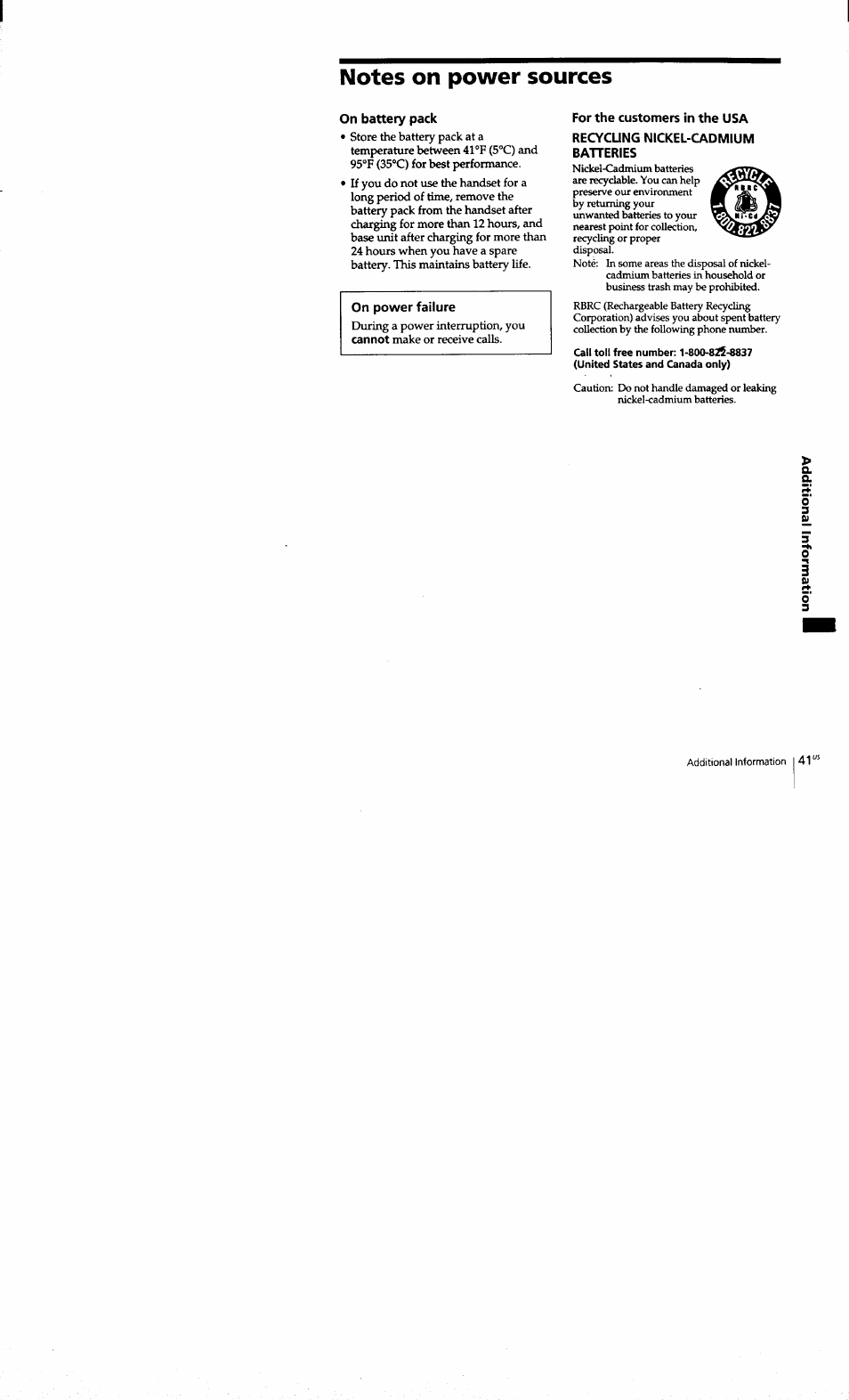 On battery pack, For the customers in the usa, Recycung nickel-cadmium batteries | Sony SPP-S9101 User Manual | Page 41 / 94