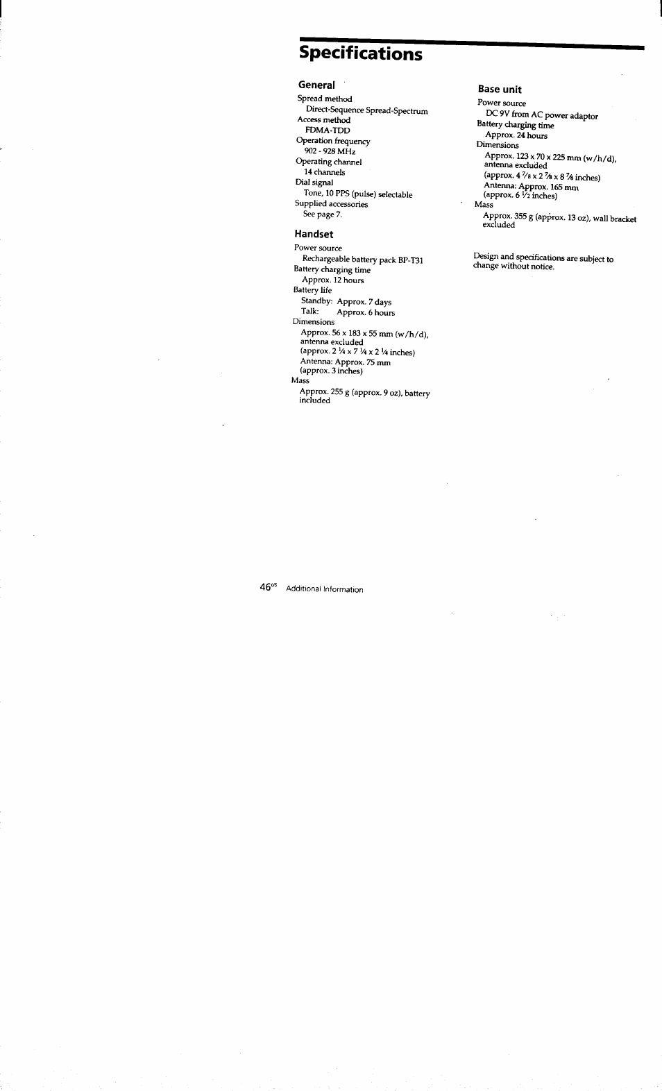 Specifications, General, Handset | Base unit | Sony SPP-S9101 User Manual | Page 46 / 94