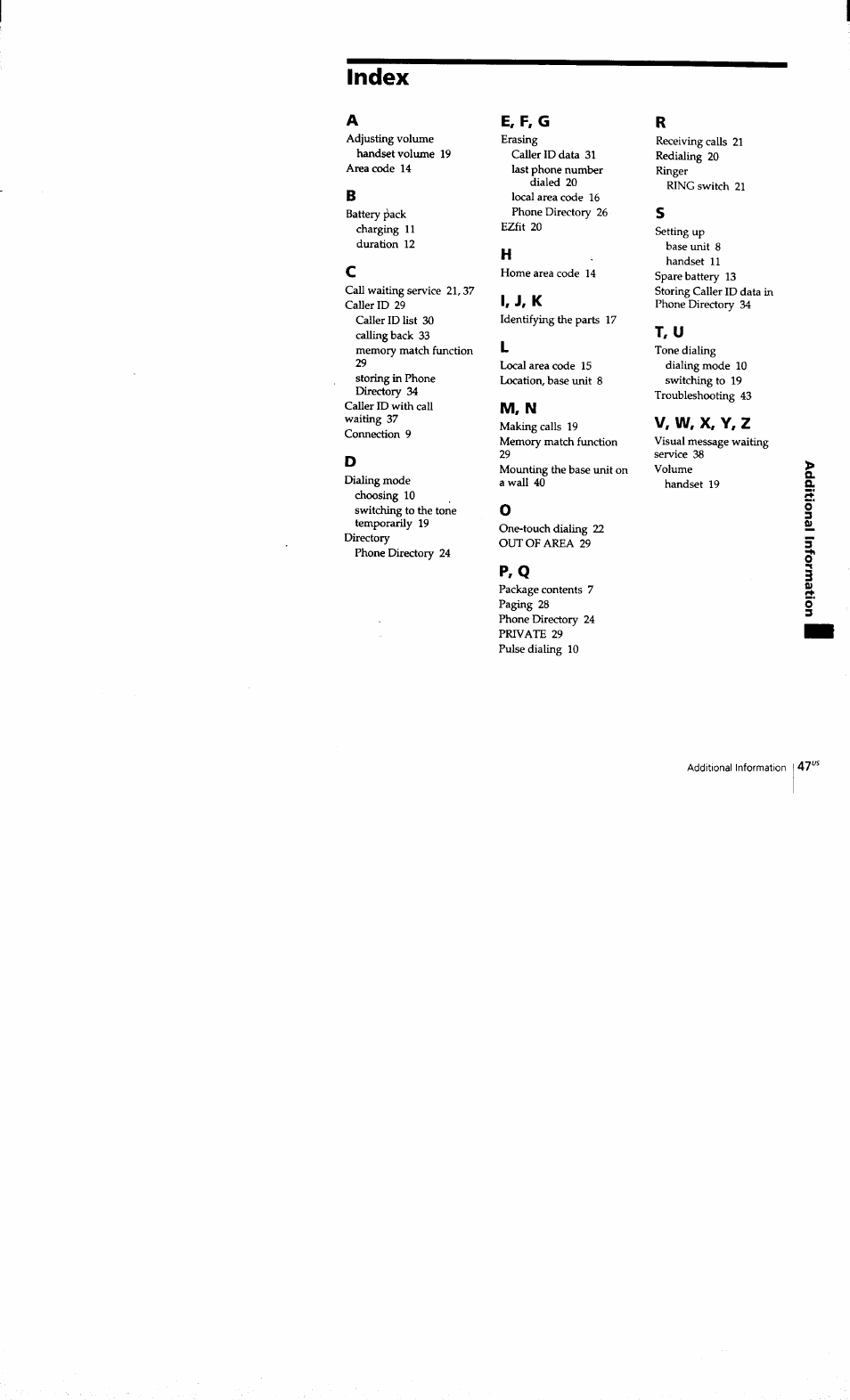 Index, E,f,g, I, j, k | M, n, T, u, V, w, x, y, z | Sony SPP-S9101 User Manual | Page 47 / 94