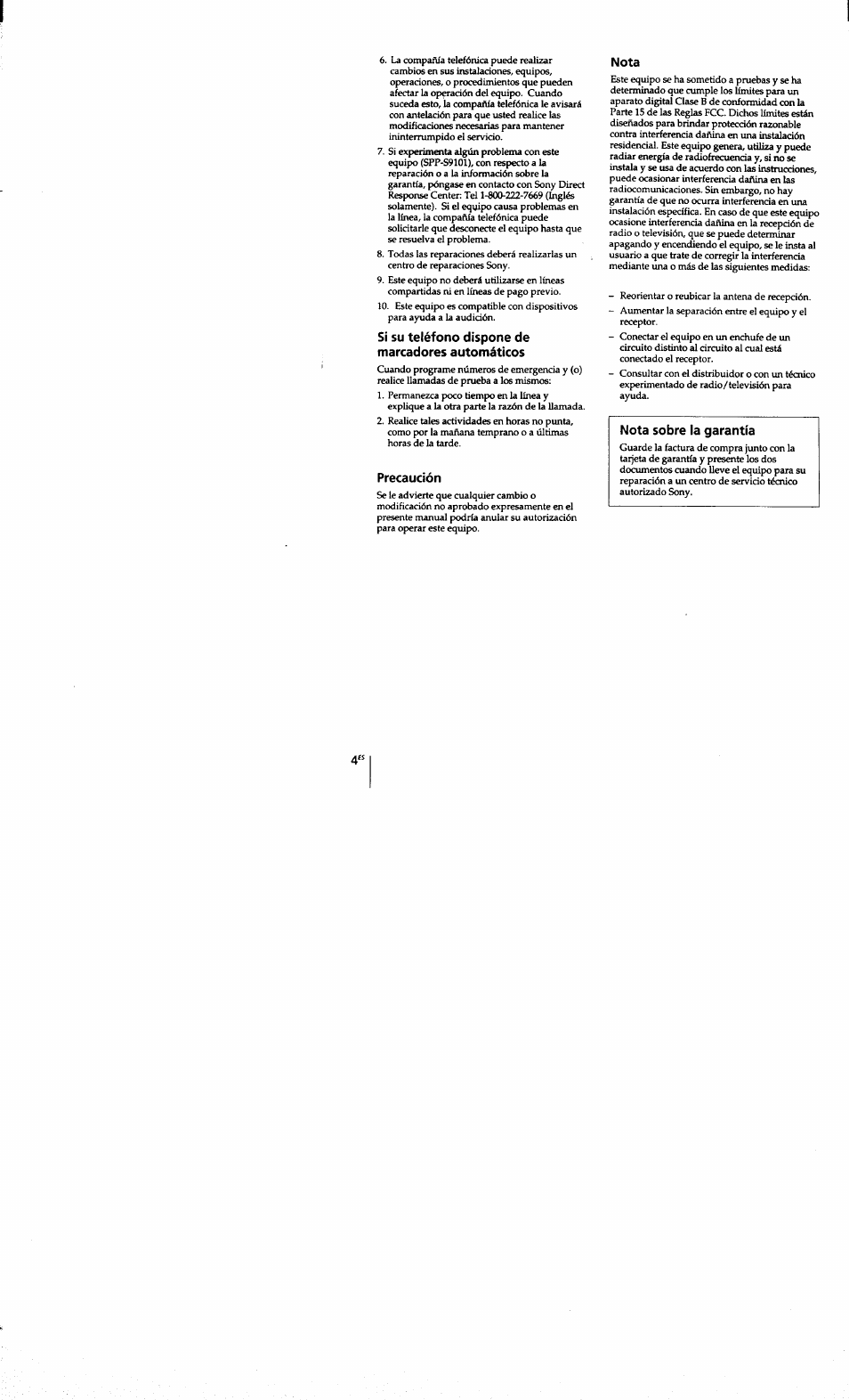 Si su teléfono dispone de marcadores automáticos, Precaución, Nota | Nota sobre la garantía | Sony SPP-S9101 User Manual | Page 50 / 94