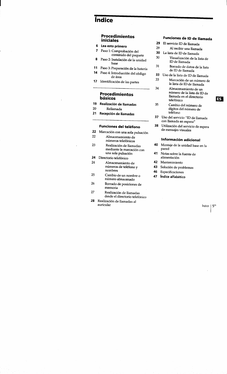 Índice, Procedimientos, Iniciales | Básicos | Sony SPP-S9101 User Manual | Page 51 / 94