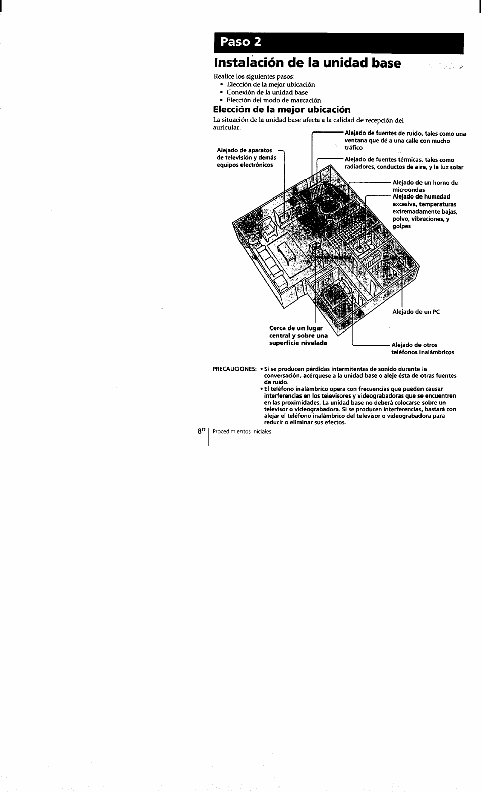 Instalación de la unidad base, Elección de la mejor ubicación, Paso 2 | Sony SPP-S9101 User Manual | Page 54 / 94