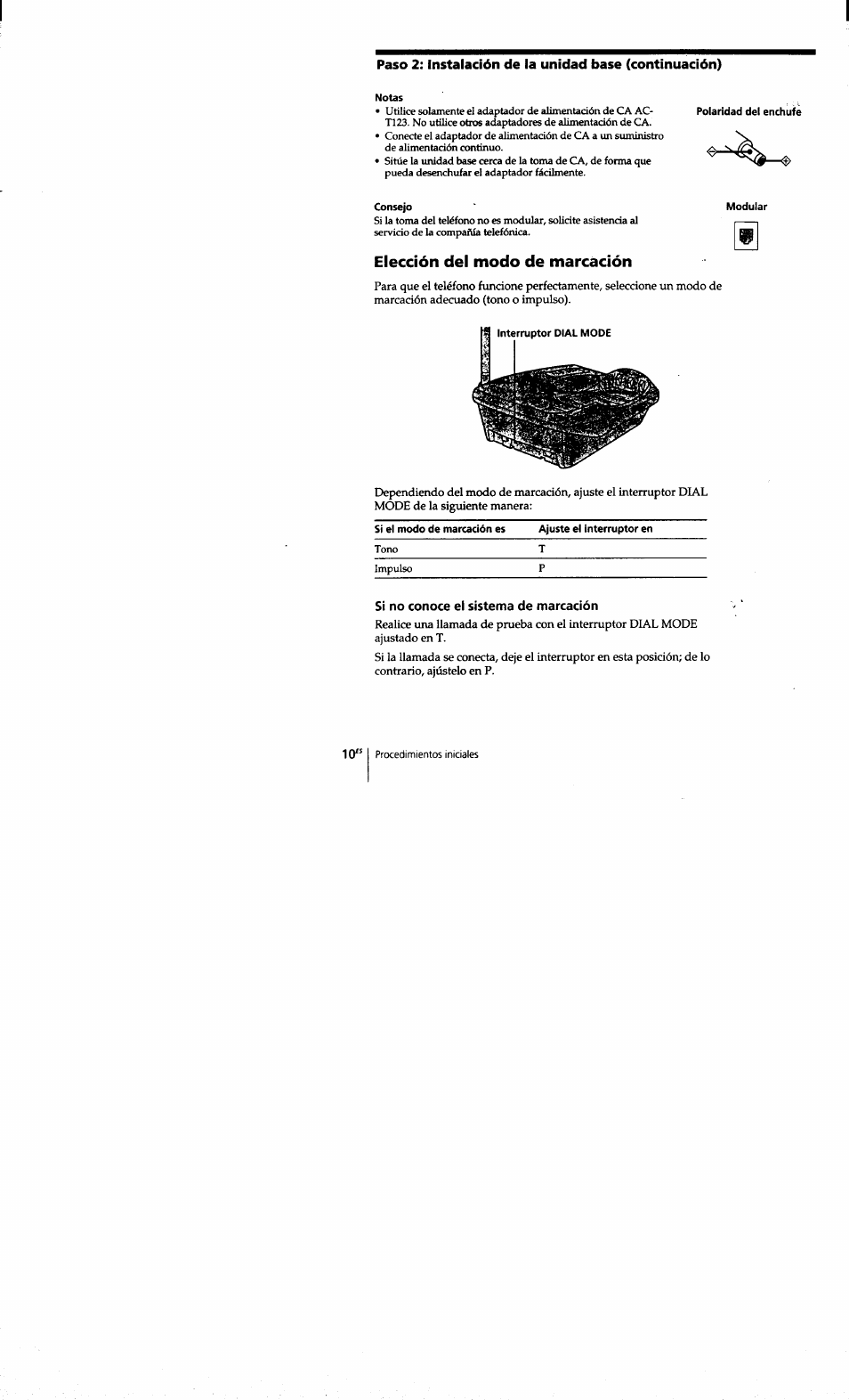 Notas, Consejo modular, Elección del modo de marcación | Si no conoce el sistema de marcación | Sony SPP-S9101 User Manual | Page 56 / 94