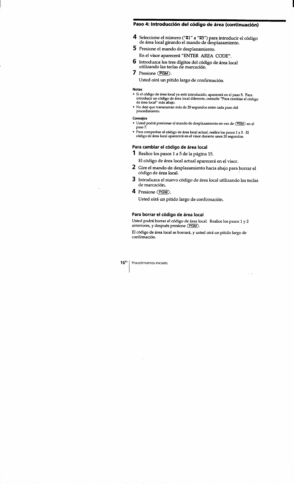 Para cambiar el código de área local, Para borrar el código de área local | Sony SPP-S9101 User Manual | Page 62 / 94