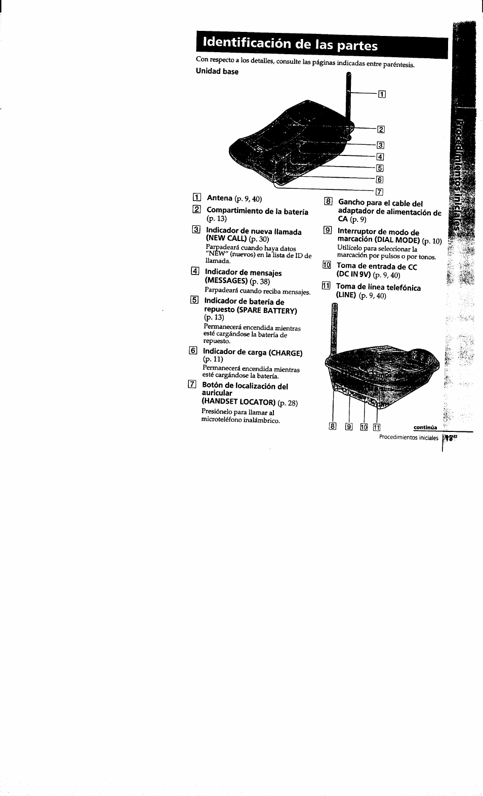 Identificación de las partes, Handset locator) (p. 28) | Sony SPP-S9101 User Manual | Page 63 / 94