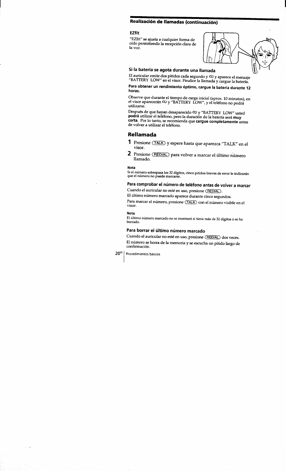 Ezfit, Si la batería se agota durante una llamada, Rellamada | Para borrar el último número marcado | Sony SPP-S9101 User Manual | Page 66 / 94