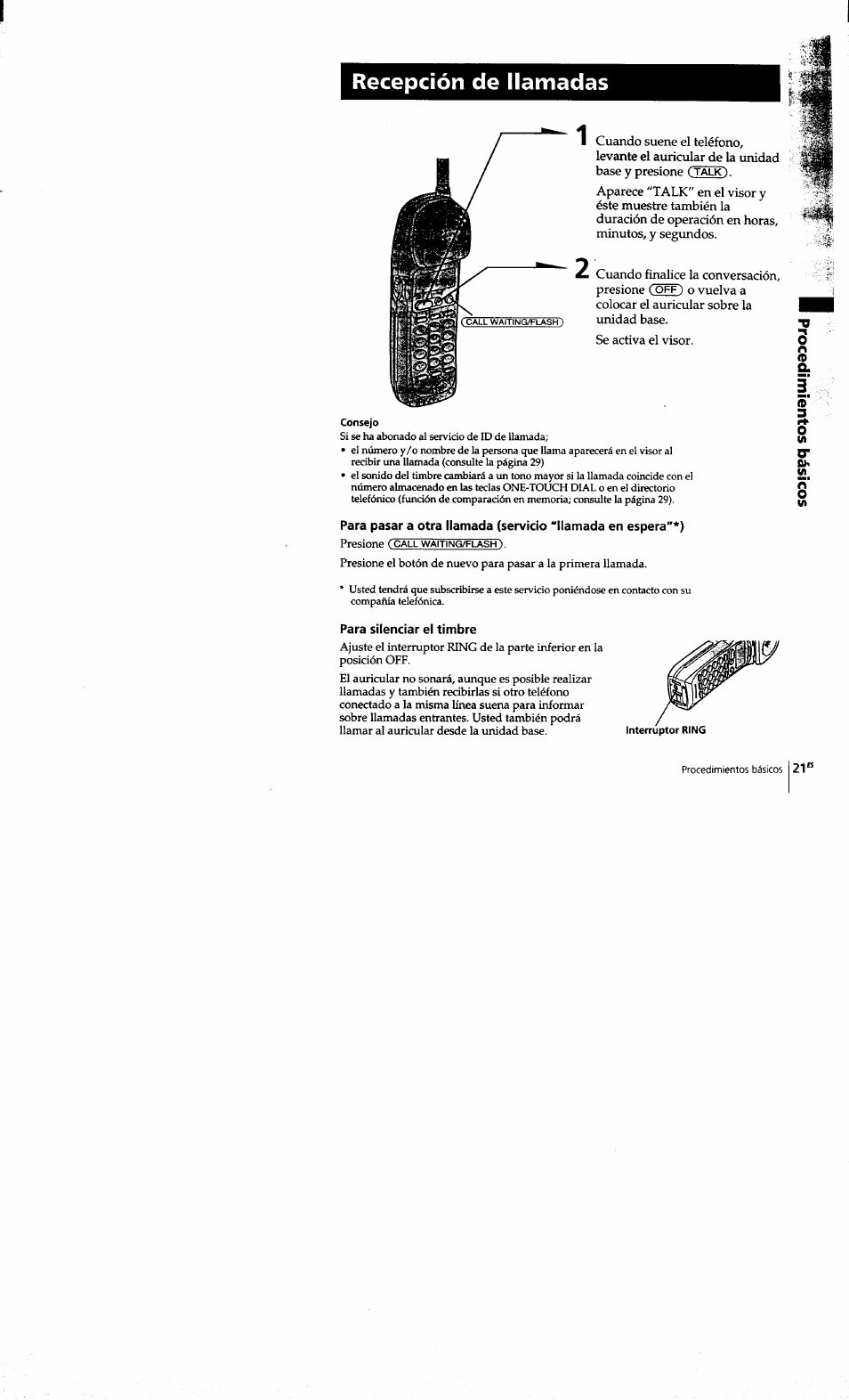 Recepción de llamadas, Para silenciar el timbre | Sony SPP-S9101 User Manual | Page 67 / 94