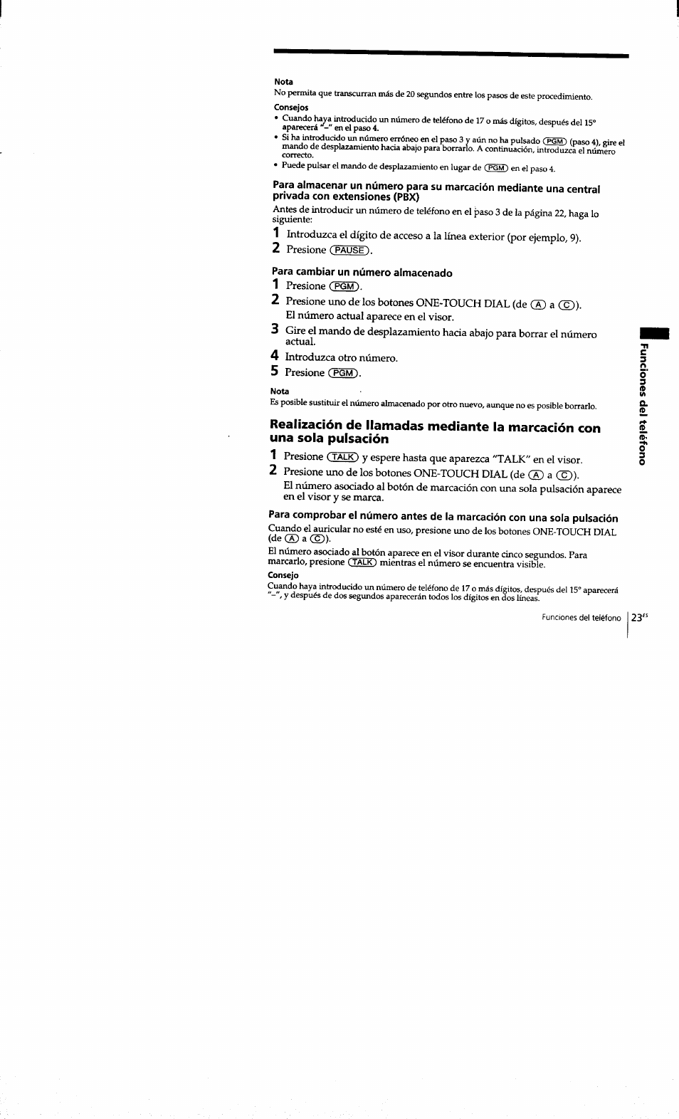 Nota, Para cambiar un número almacenado, Pause) | Pgm). 2, Pgm) | Sony SPP-S9101 User Manual | Page 69 / 94