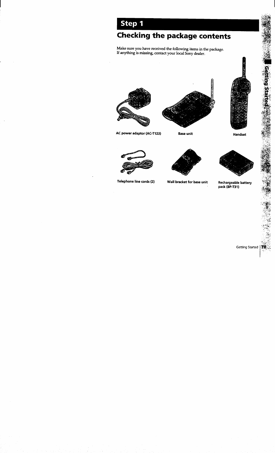 Checking the package contents, Step 1 | Sony SPP-S9101 User Manual | Page 7 / 94