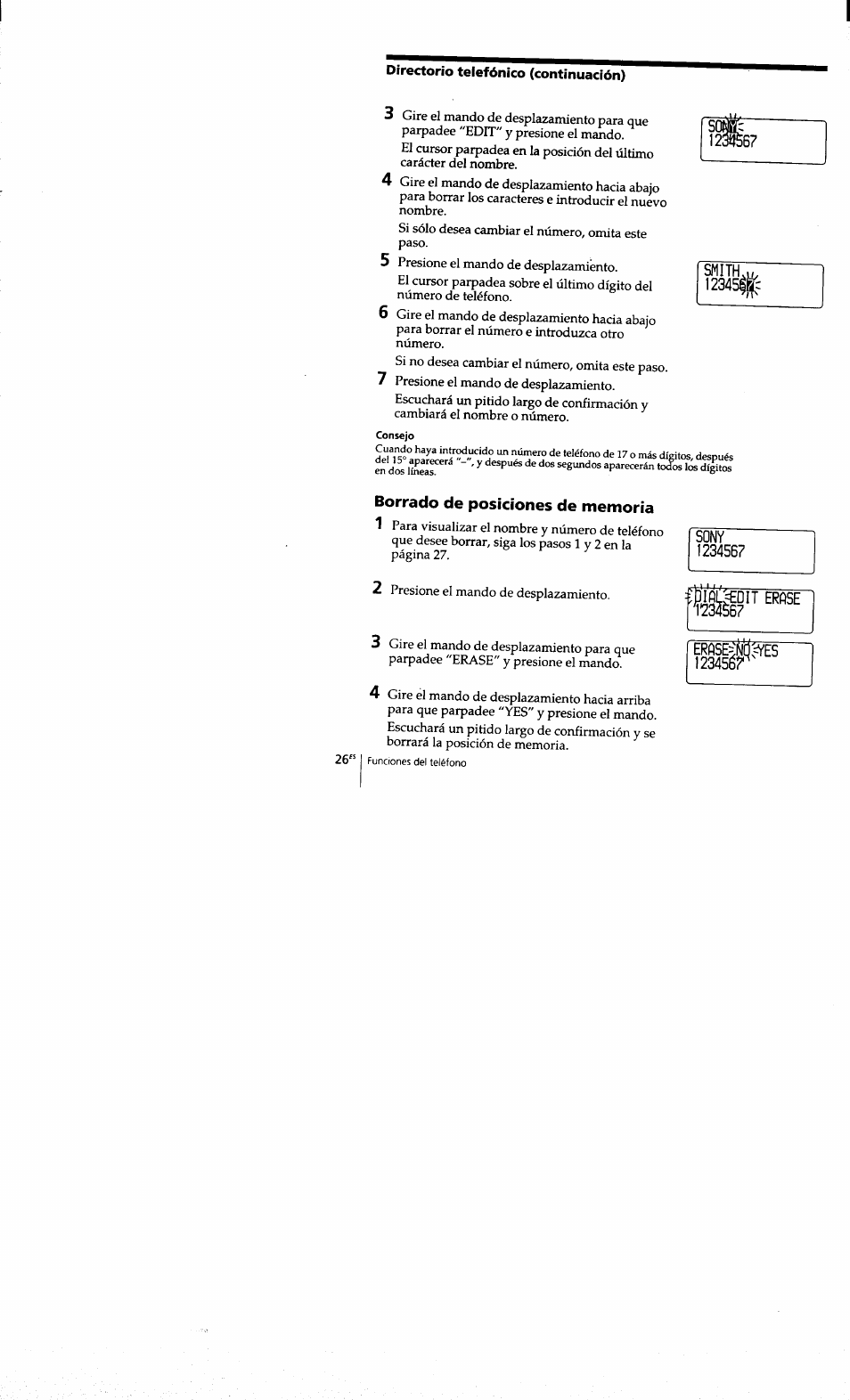 Directorio telefónico (continuación), Borrado de posiciones de memoria, L2345^sí | Sony SPP-S9101 User Manual | Page 72 / 94