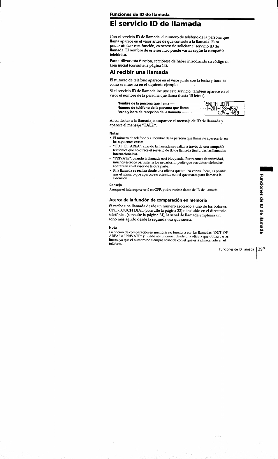 Funciones de id de llamada, El servicio id de llamada, Al recibir una llamada | Nombre de la persona que llama, Notas, Consejo, Acerca de la función de comparación en memoria, Nota | Sony SPP-S9101 User Manual | Page 75 / 94