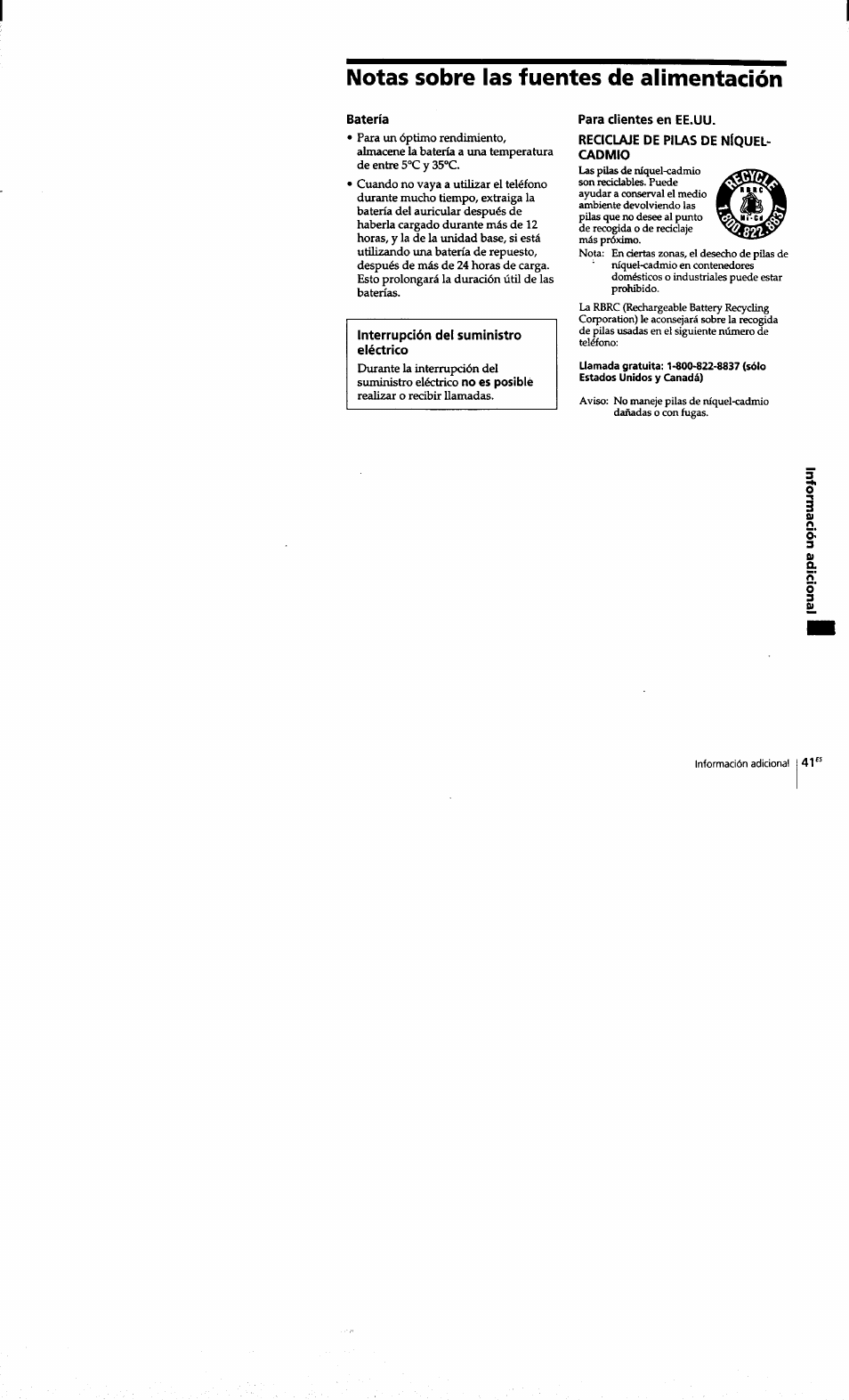 Notas sobre las fuentes de alimentación, Batería, Para clientes en ee.uu | Reciclaje de pilas de níquel- cadmio | Sony SPP-S9101 User Manual | Page 87 / 94