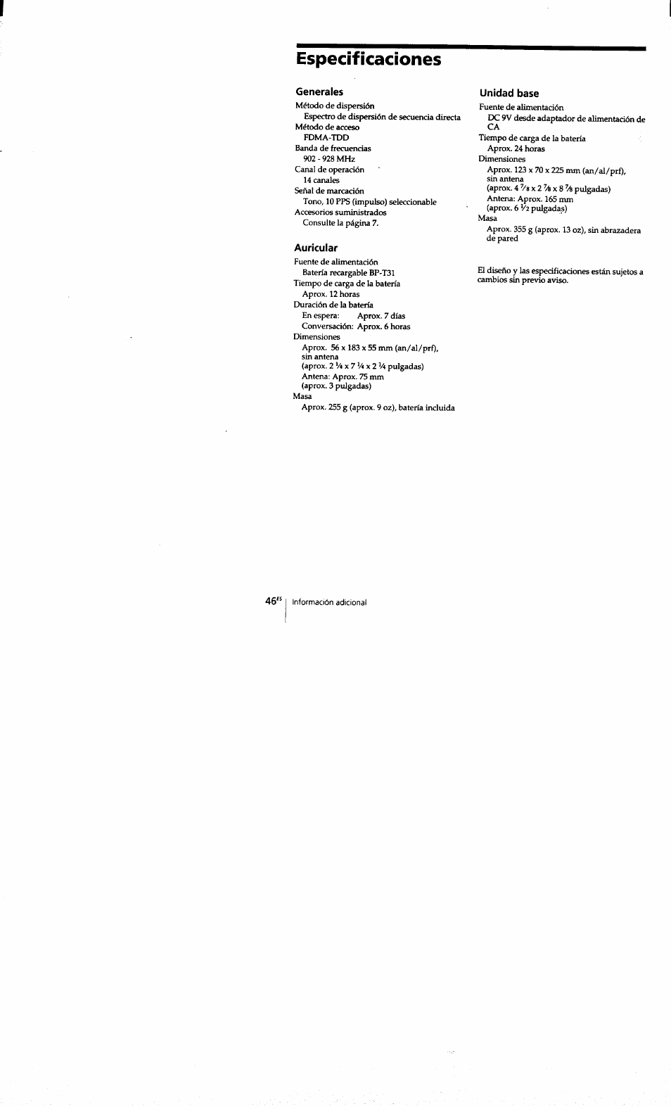 Especificaciones, Generales, Auricular | Unidad base | Sony SPP-S9101 User Manual | Page 92 / 94