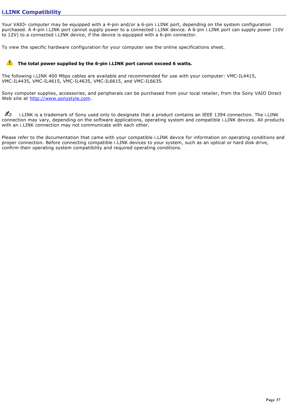 I.link compatibility | Sony PCV-RX891 User Manual | Page 37 / 119