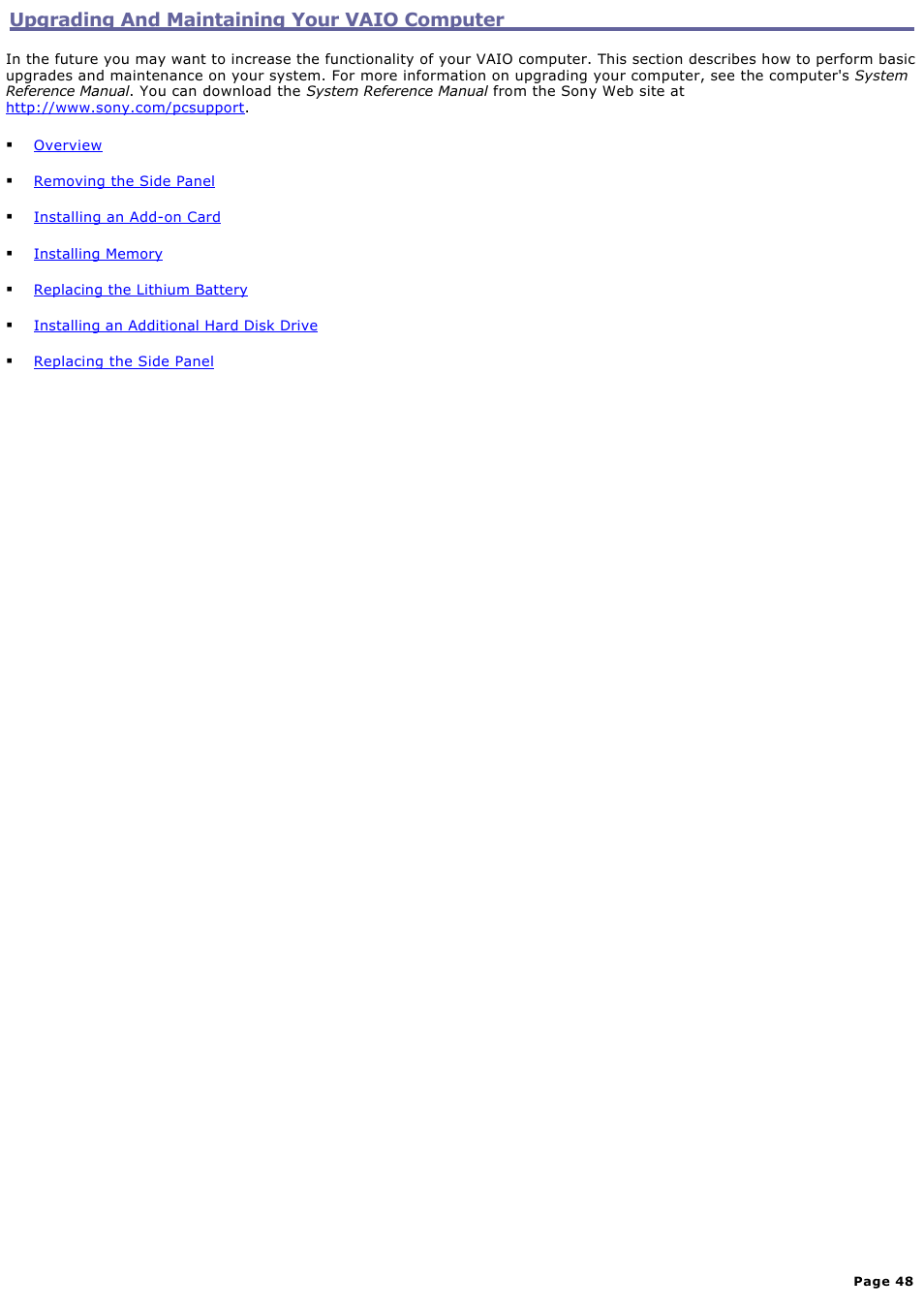 Upgrading and maintaining your vaio computer | Sony PCV-RX891 User Manual | Page 48 / 119