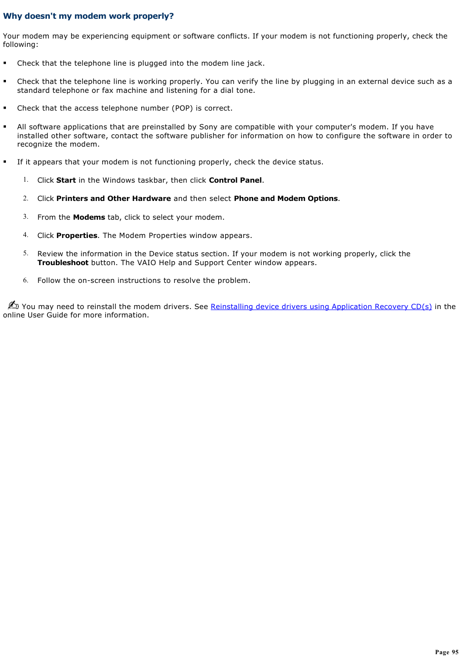 Why doesn't my modem work properly | Sony PCV-RX891 User Manual | Page 95 / 119