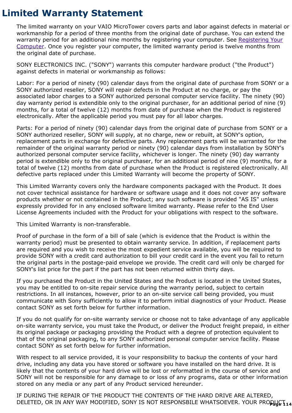 Limited warranty statement | Sony PCV-E308DS User Manual | Page 1140 / 1141