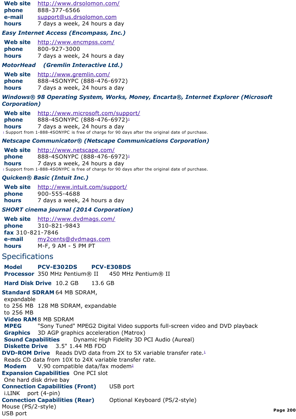 Specifications | Sony PCV-E308DS User Manual | Page 200 / 1141