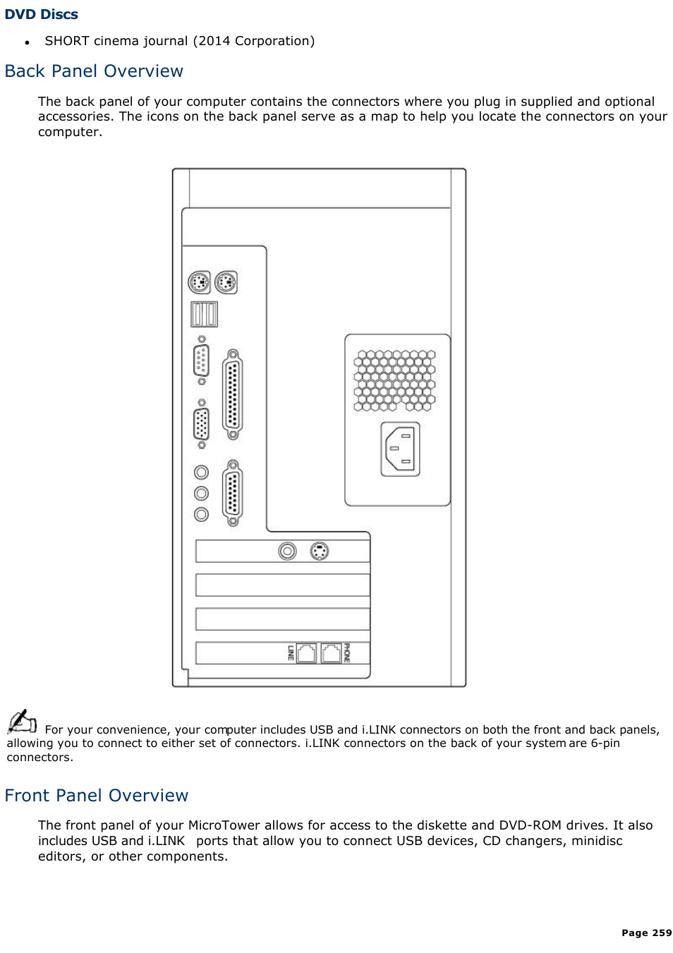 Back panel overview, Front panel overview | Sony PCV-E308DS User Manual | Page 259 / 1141