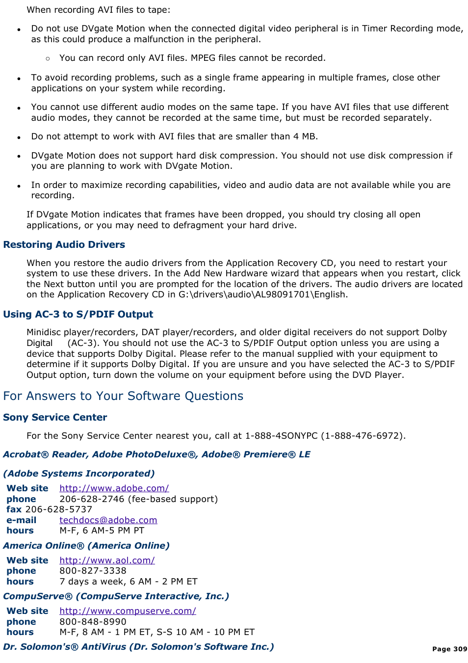 For answers to your software questions | Sony PCV-E308DS User Manual | Page 309 / 1141