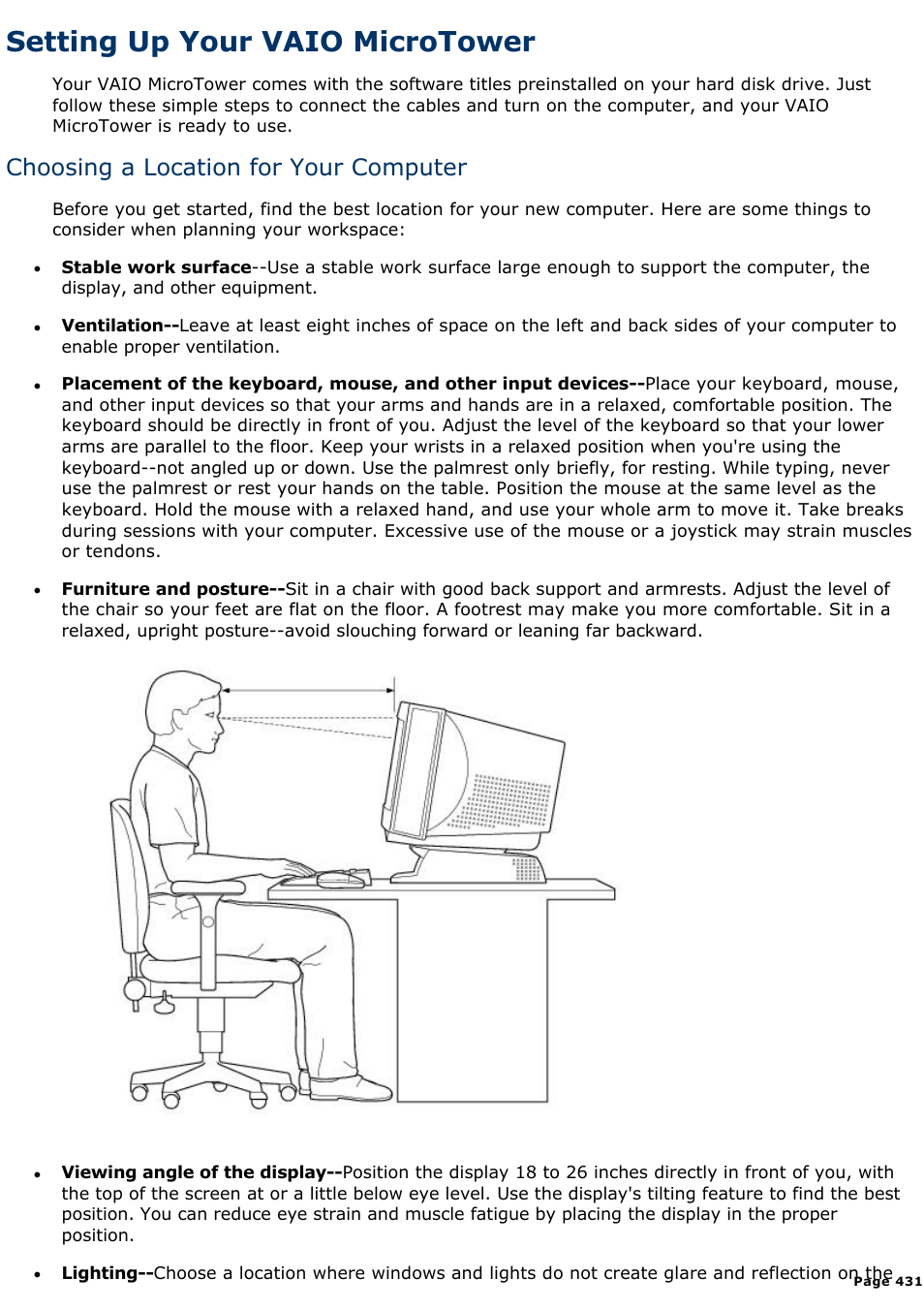 Connecting the keyboard and mouse, Setting up your vaio microtower, Choosing a location for your computer | Sony PCV-E308DS User Manual | Page 431 / 1141