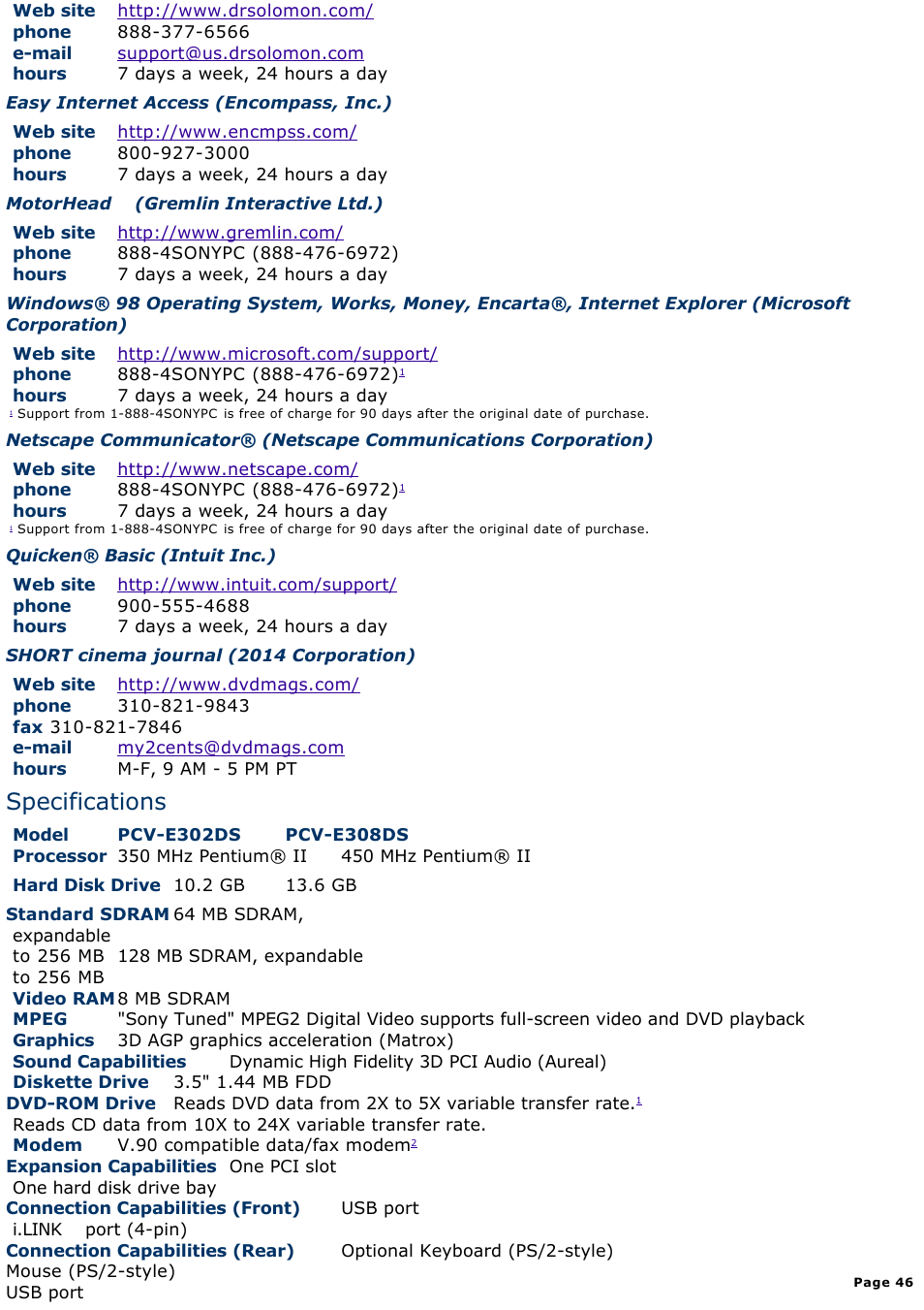 Specifications | Sony PCV-E308DS User Manual | Page 46 / 1141