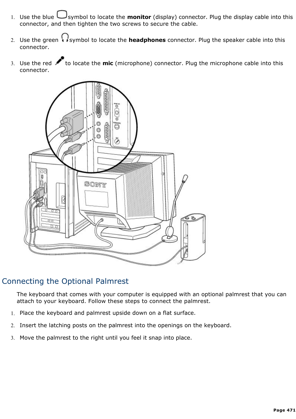 Connecting the optional palmrest | Sony PCV-E308DS User Manual | Page 471 / 1141
