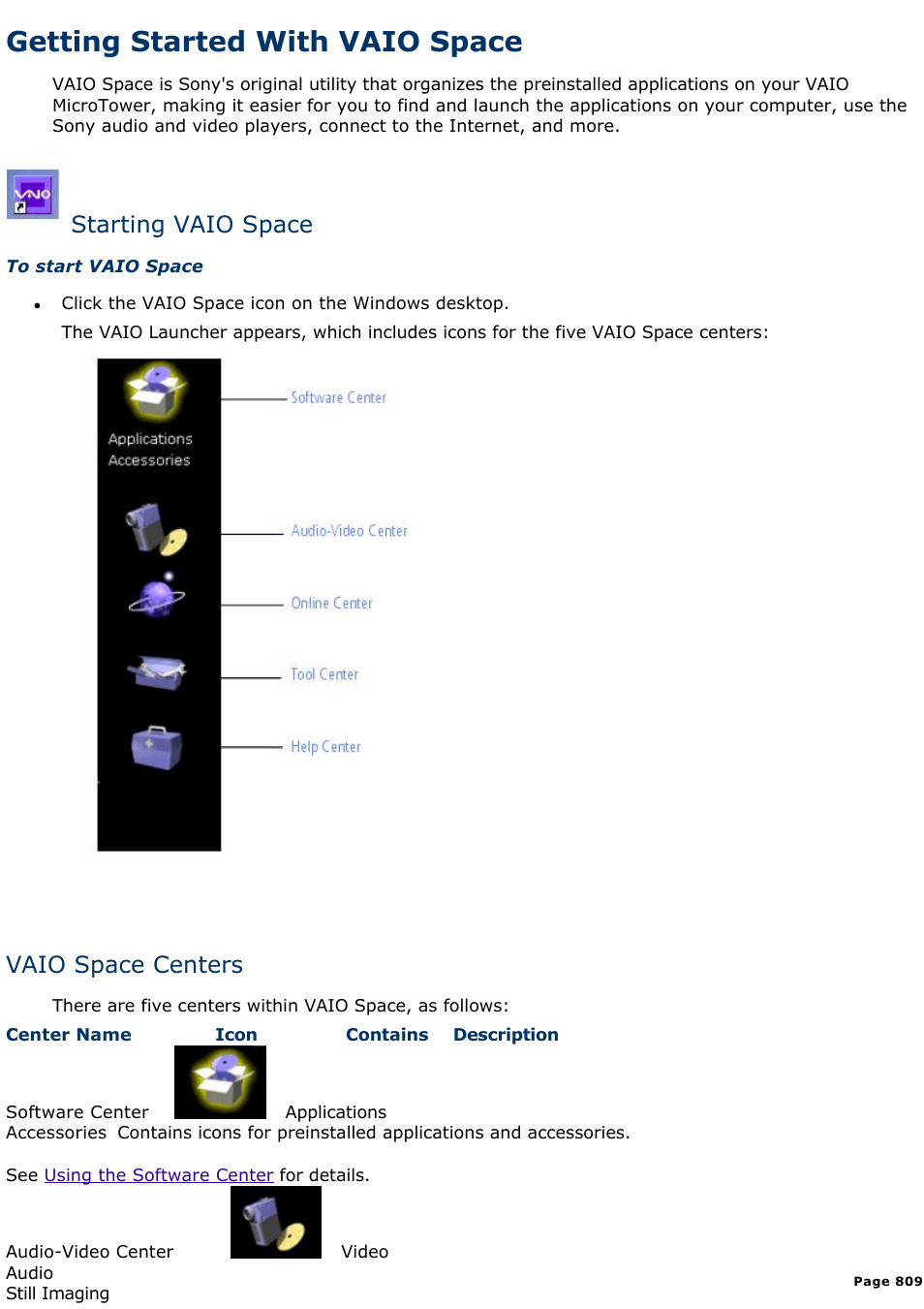 Using the audio-video center, Getting started with vaio space, Starting vaio space | Vaio space centers | Sony PCV-E308DS User Manual | Page 809 / 1141
