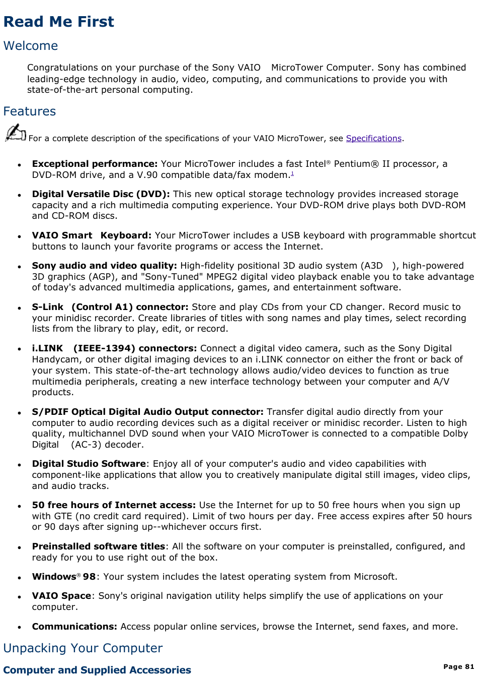 Other, Read me first, Welcome | Features, Unpacking your computer | Sony PCV-E308DS User Manual | Page 81 / 1141