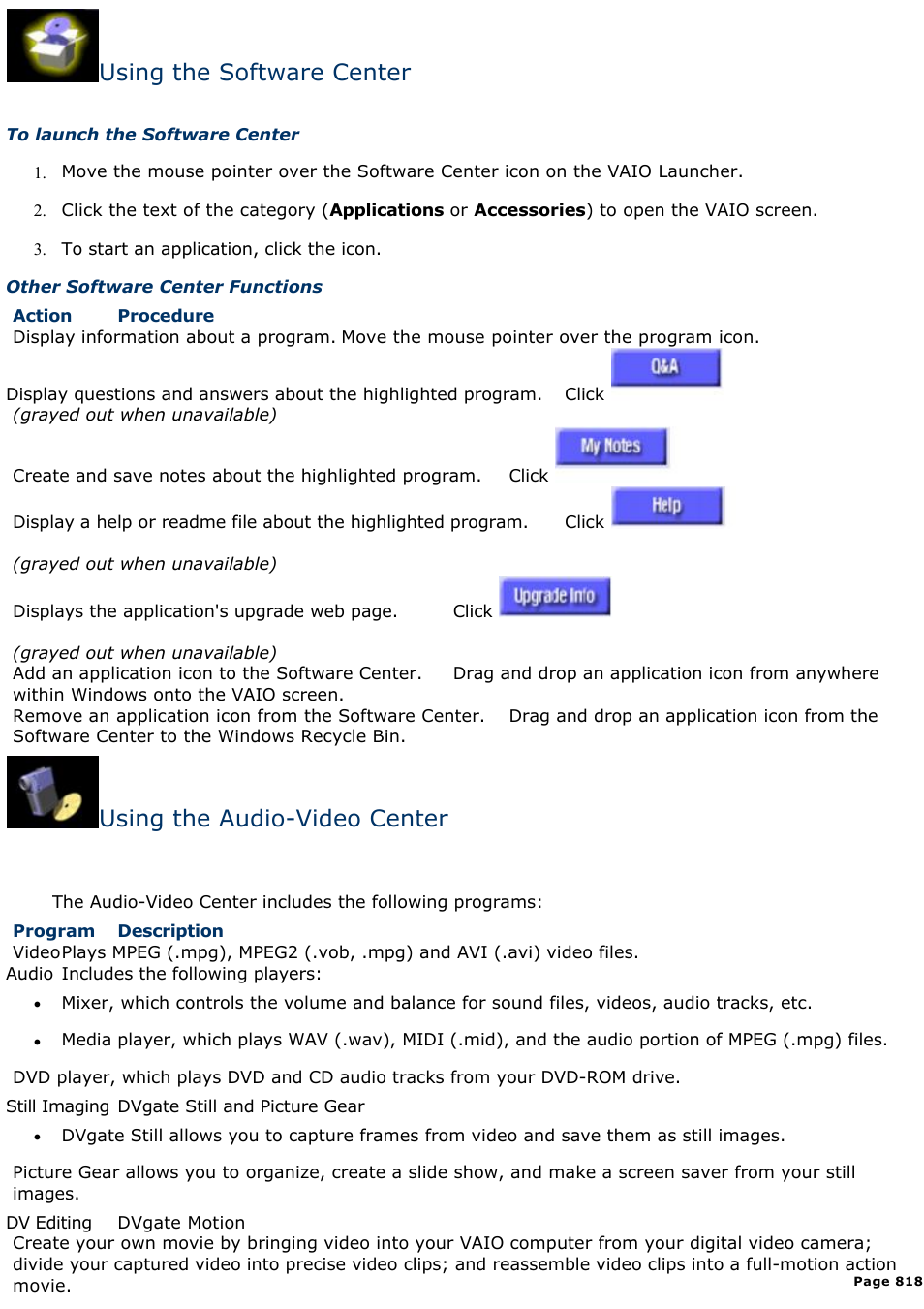 Using the software center, Using the audio-video center | Sony PCV-E308DS User Manual | Page 818 / 1141