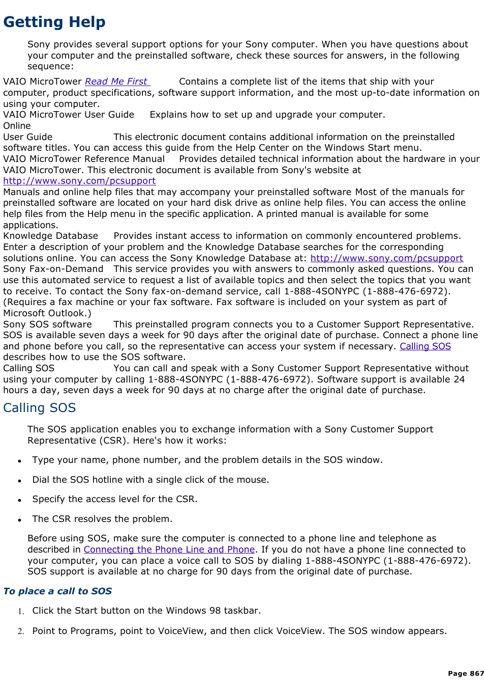 Using the application recovery cd(s), Getting help, Calling sos | Sony PCV-E308DS User Manual | Page 867 / 1141