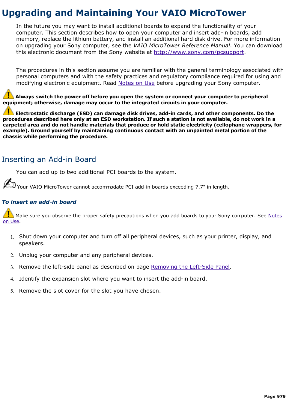 Removing the front panel, Upgrading and maintaining your vaio microtower, Inserting an add-in board | Sony PCV-E308DS User Manual | Page 979 / 1141