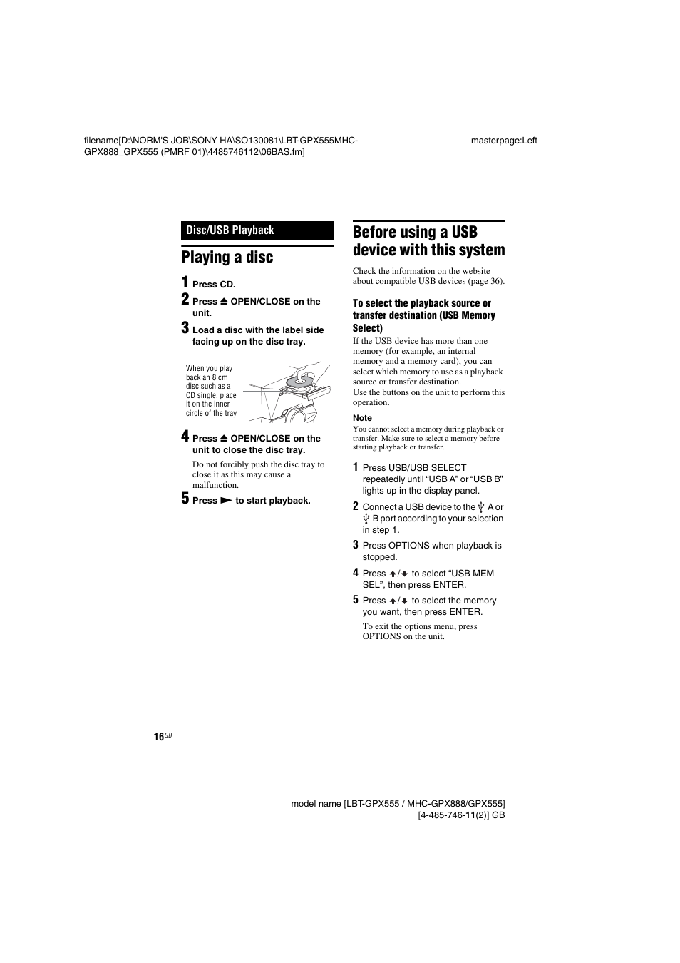 Disc/usb playback, Playing a disc, Before using a usb device with this system | Playing a disc 1 | Sony LBT-GPX555 User Manual | Page 16 / 48