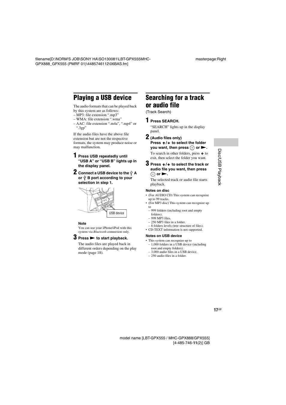 Playing a usb device, Searching for a track or audio file (track search), Searching for a track or audio file | Sony LBT-GPX555 User Manual | Page 17 / 48